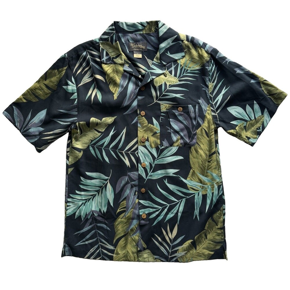 VTG St Johns Bay Washable Silk Hawaiian Shirt Mens Small Button Up Blue Tropical